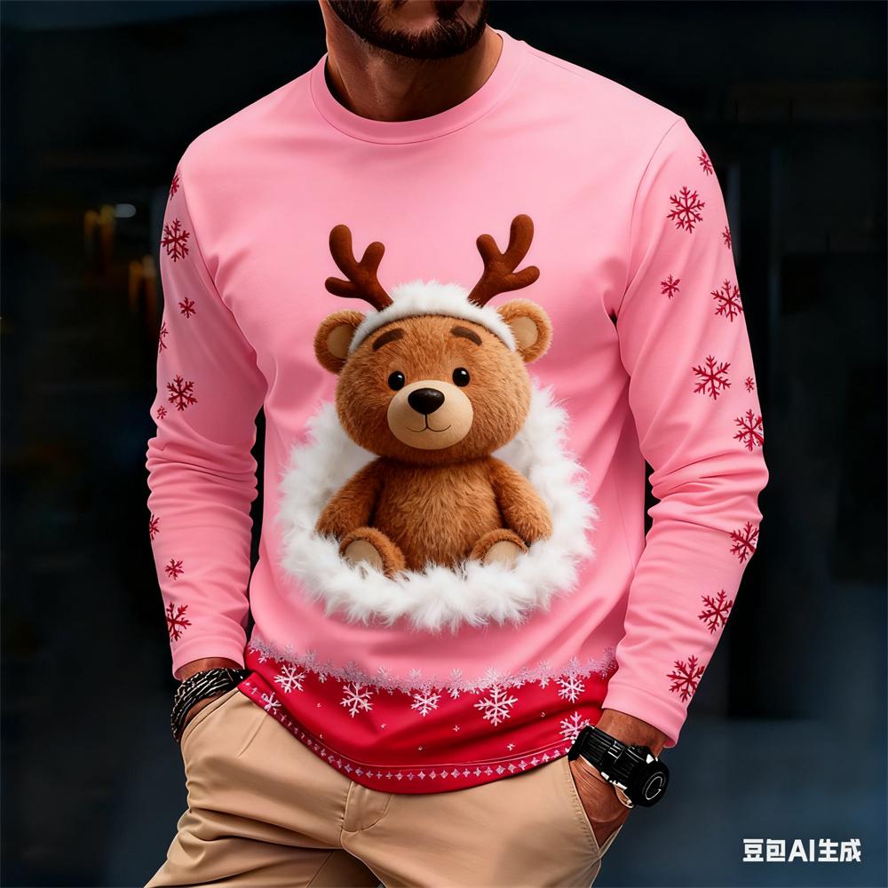 Fashionable Harajuku-style Christmas men's long-sleeve T-shirt, autumn casual round-neck loose top, fun Santa Claus design