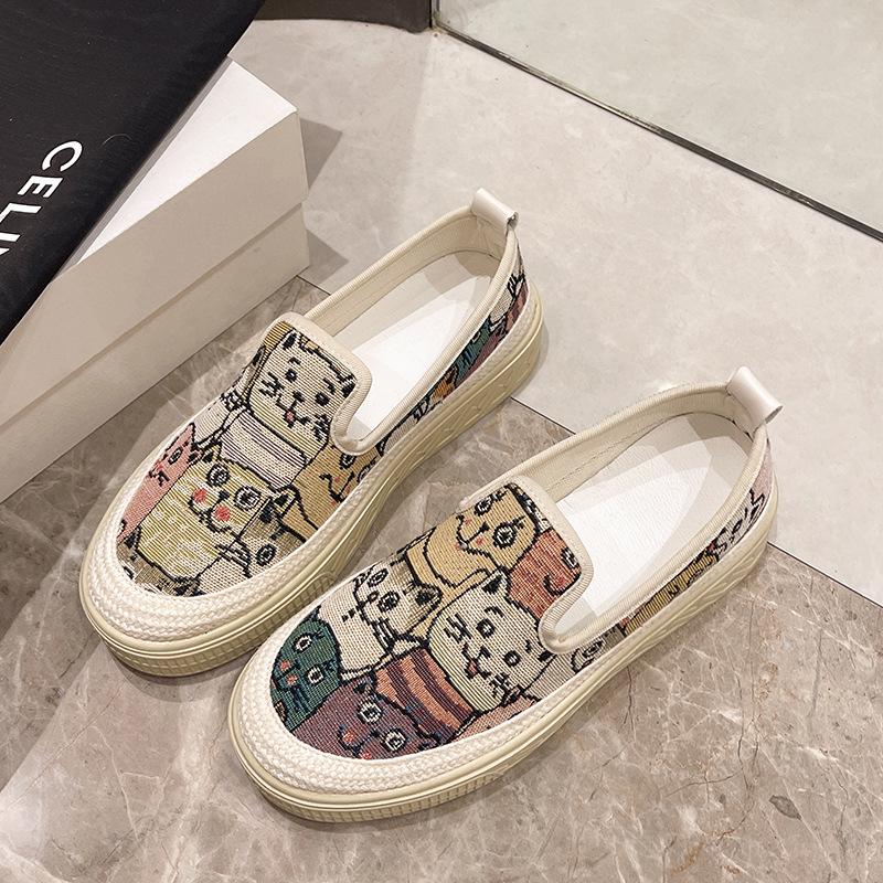 Platform Printing Canvas Shoes Women Autumn Shallow Slip On Flat Casual Shoes Outdoor Walking Running Sneakers Ladies Loafers