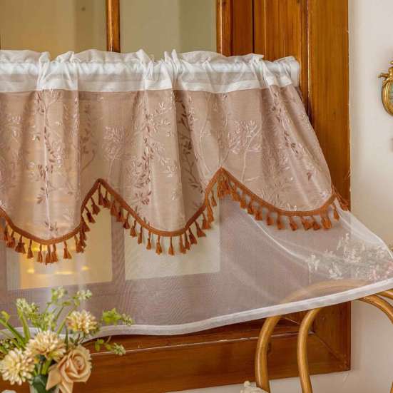 Polyester Tulle Window Valance Jacquard Lace Curtain, 39 Inch Vintage Embroidered Floral Valance, Semi Light Filtering Small Panel Sheer Swag with Rod