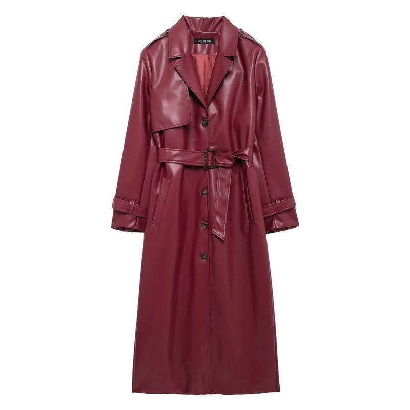 Kaslead New Arrival Women's Clothing Fashion Style Fashion Simple Lapel Loose with Belt Imitation Leather Trench Coat Outwear