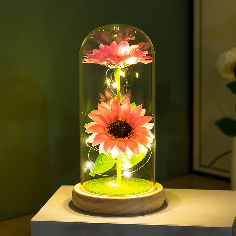 Creative Sunflower Night Light: Preserved Flower in Glass Dome with Acrylic Lampshade.