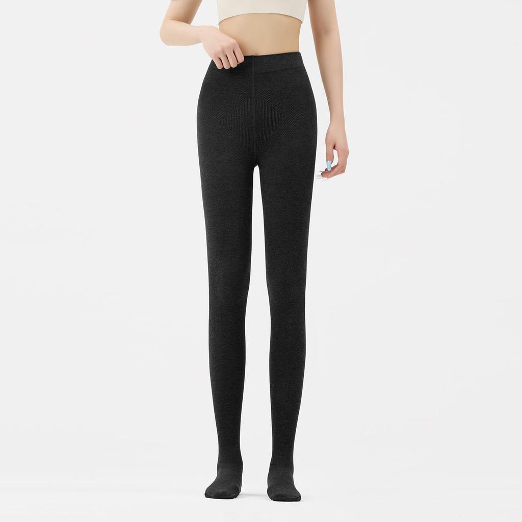 Thin Stripe Slim-Fit Fleece-Lined Women's High-Waist Grey Tights for Autumn & Winter, Non-Shedding