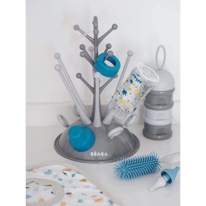 BEABA, Coffret naissance, Egoutte biberon arbre grey + Boite doseuses light/dark mist + Goupillon silicone + Bavoir coton tropical
