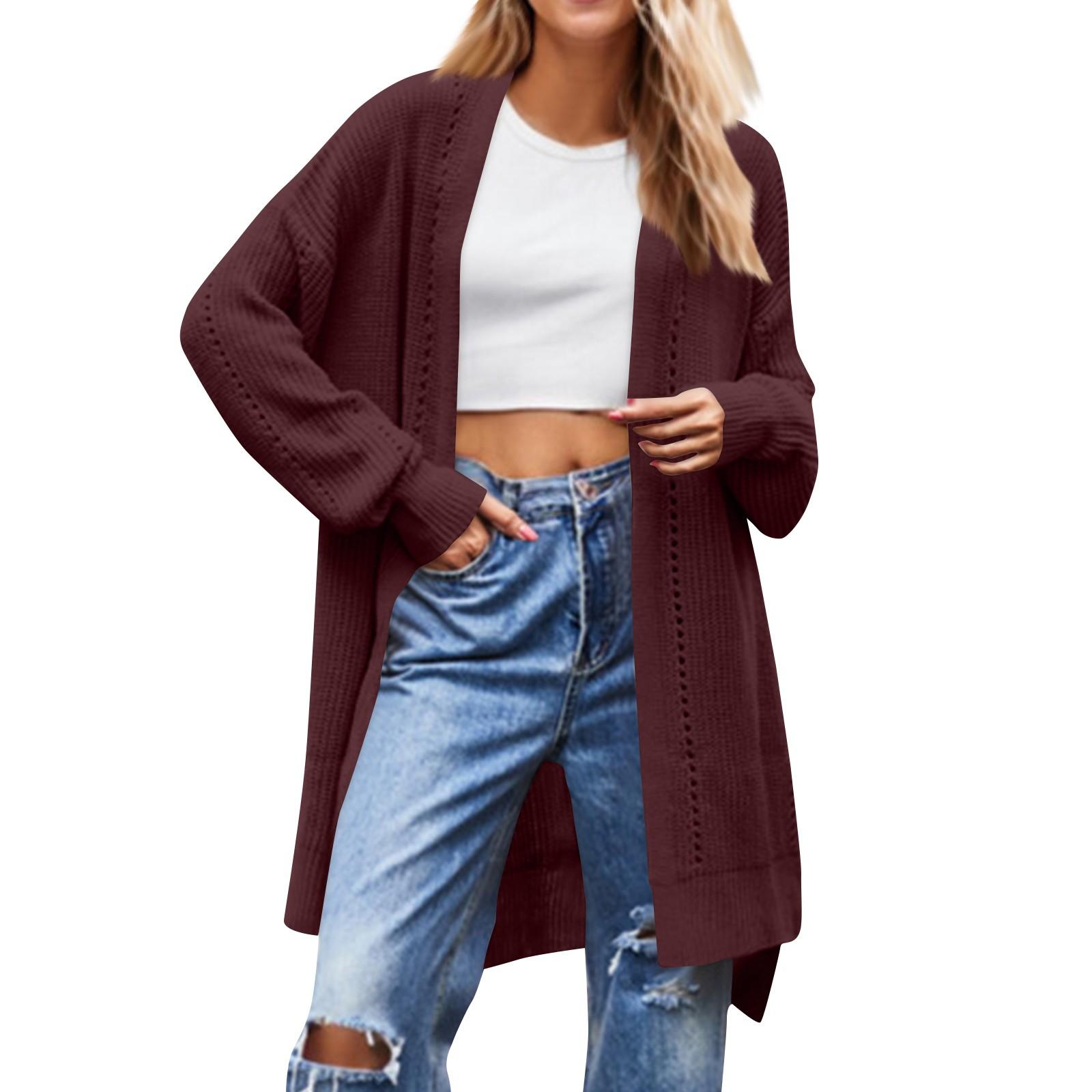 

Женский однотонный свободный вязаный свитер, женская куртка-свитер с карманами L винный