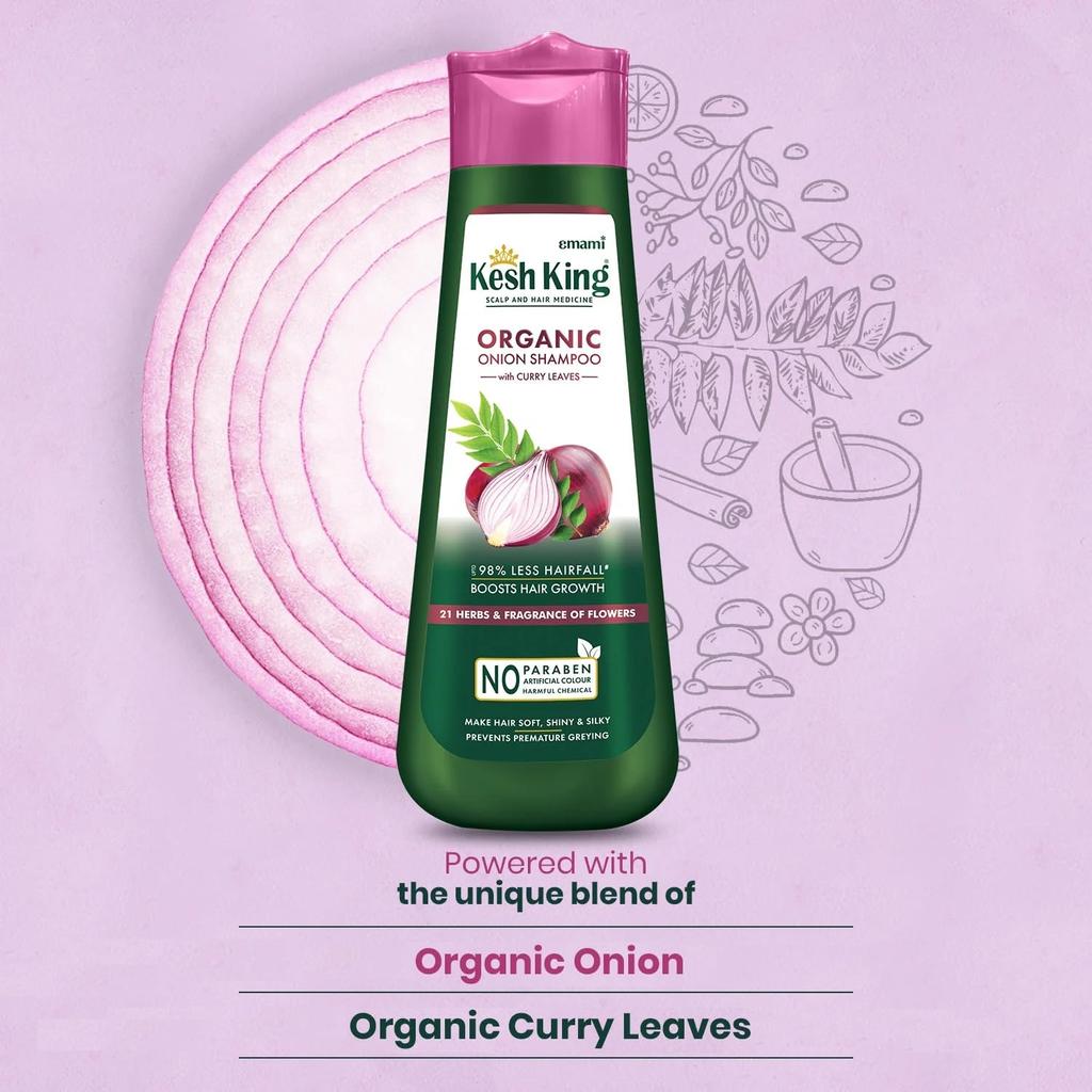 Kesh King Organic Onion Shampoo For Hair Fall Control & Growth, Smooth & Shiny Hair With Curry Leaves – 300ml Bottle