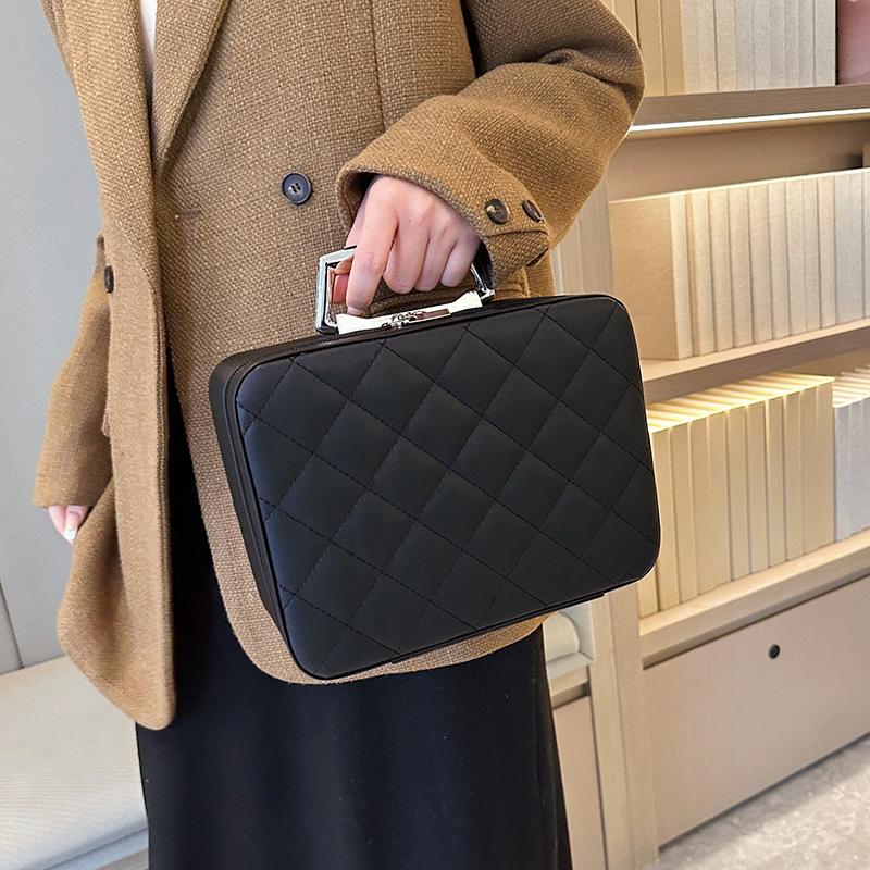 Leather Argyle Portable Women Cosmetic Bag Multifunction Waterproof Travel Storage Organize Handbag Female Mirror Makeup Case