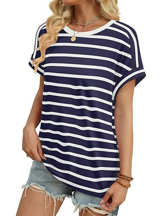 Temu 2023 Women's Colorful Striped Round Neck Pullover Casual T-shirt
