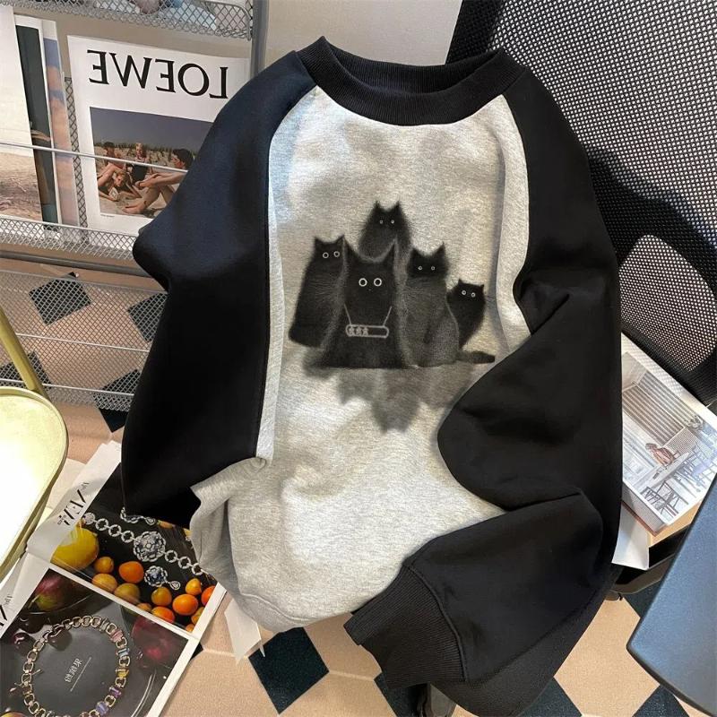 

Американский ретро мужской 2024 весна и осень новый сшивной пуловер с круглым вырезом с принтом модные свободные повседневные толстовки с длинным рукавом L чёрный