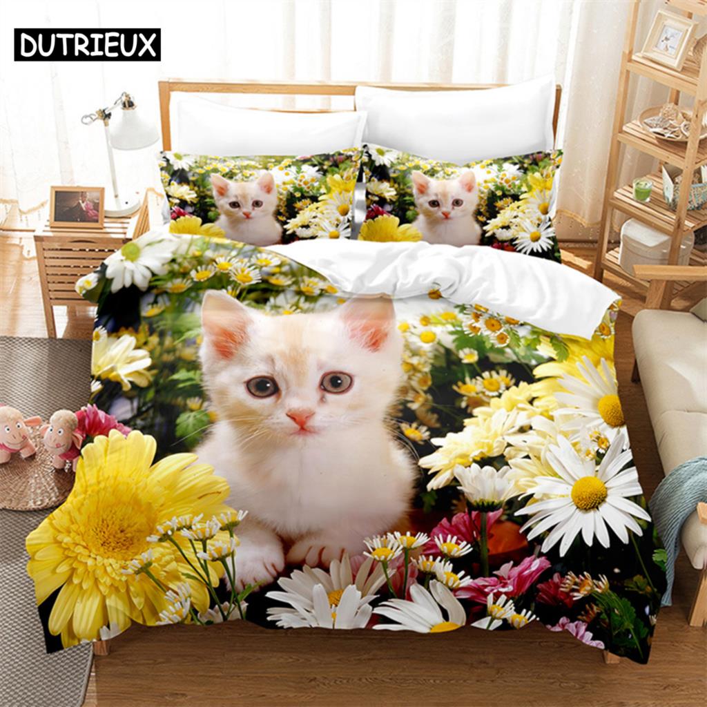 Comforter Cat Flowers Queen Bedding Set Pink Bedding Digital Printing King Size Bedding Sets