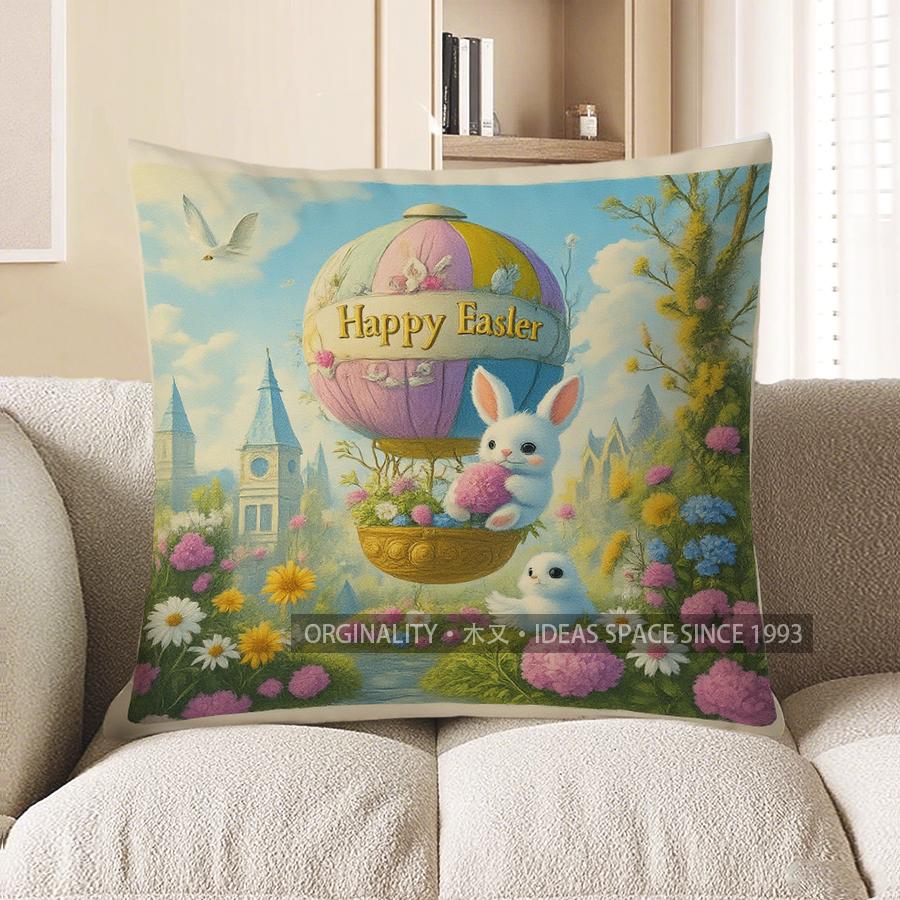 Home Decor Cute Easter Bunny With Eggs Throw Pillow Pattern Cushion Cover Suitable For Sofa Bedroom Car Pillow Cover