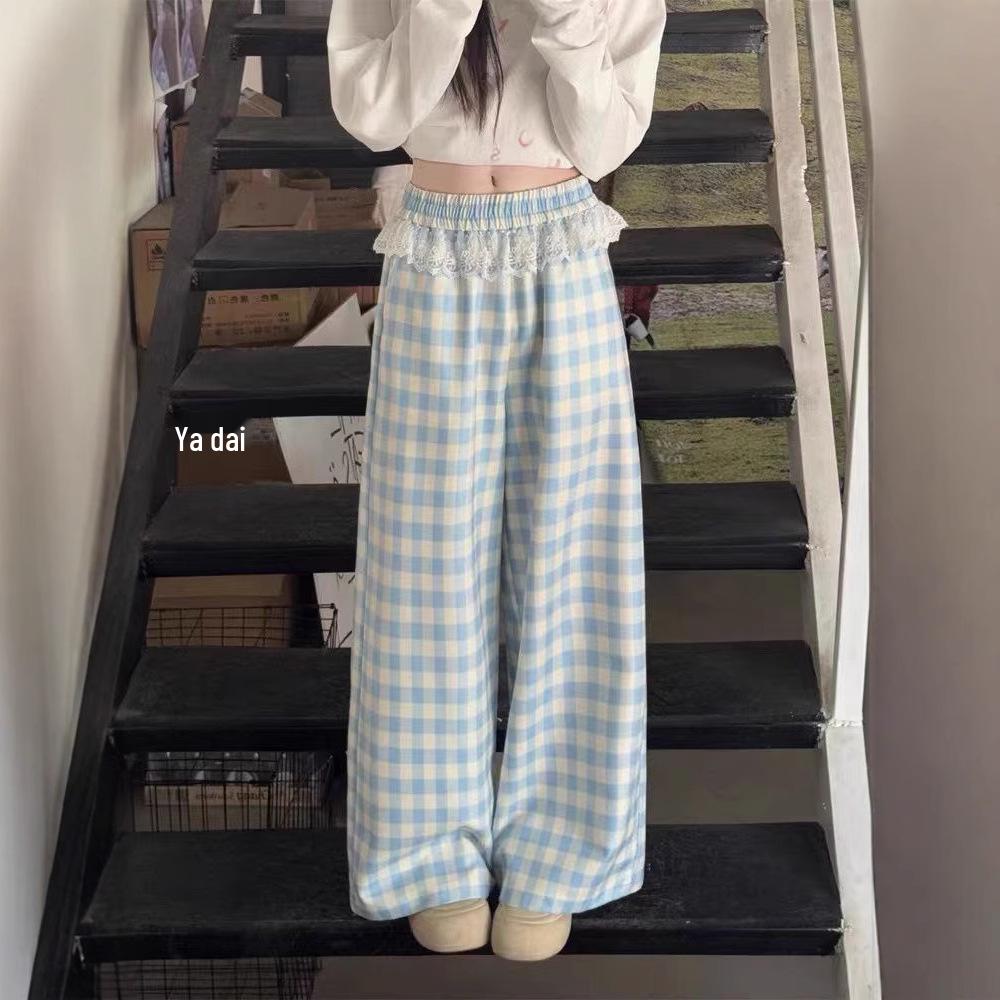 Women's High-Waist Lace Trim Plaid Patchwork Wide-Leg Pants, Spring/Autumn 2025.