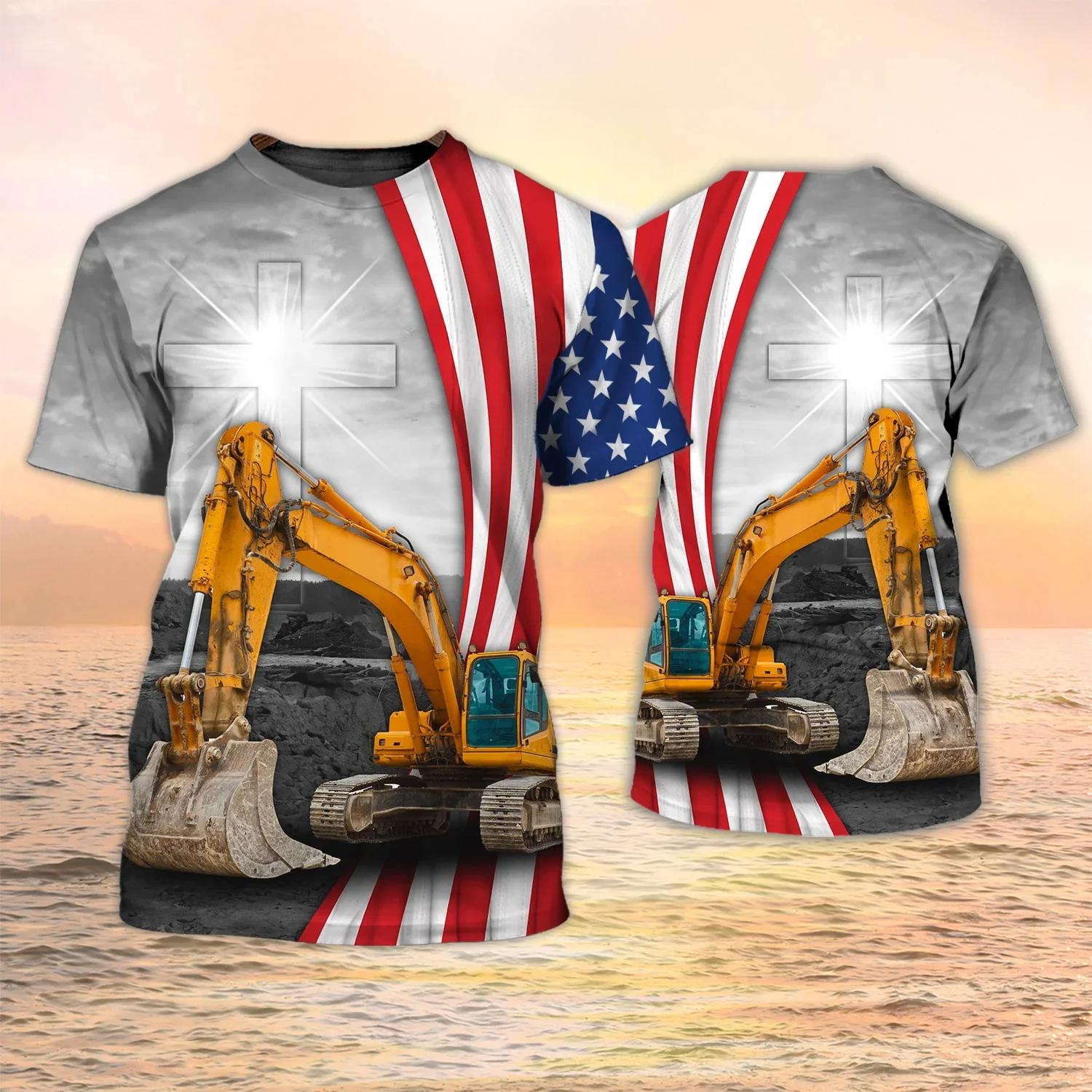 

Summer Round Neck 3D Excavator Pattern Print Top Fashionable Casual Short Sleeved Men s T-shirts 6XL