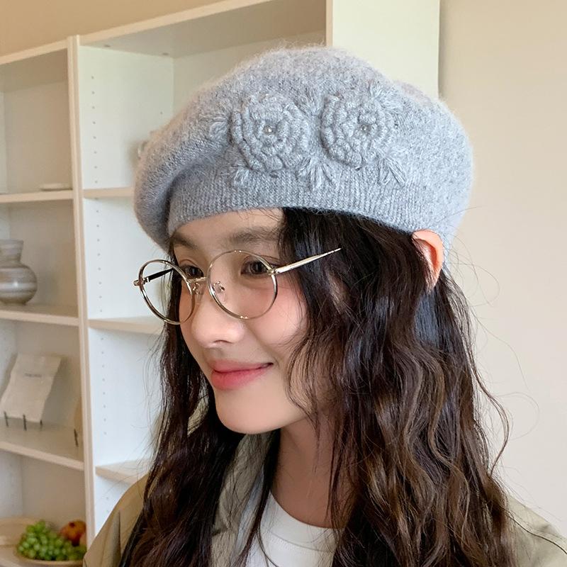 Autumn and Winter Hat Femininity Sweet Headhat Flower Rabbit Velvet Knitted Beret,Winter Hats for Women, Beanies for Women, Hats for Women Winter