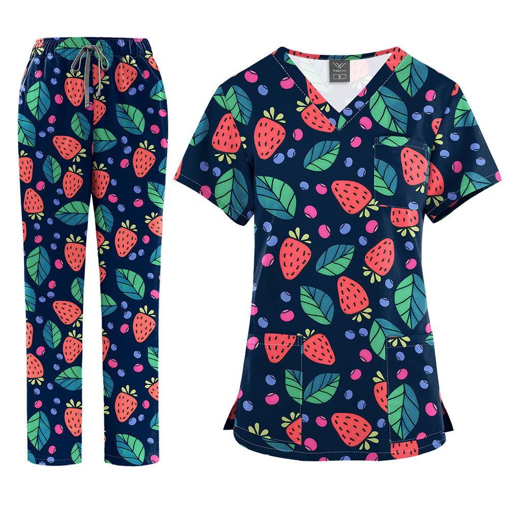 Flerfärgade Joggingdräkter Läkare Sjuksköterskeuniformer Kortärmade V-ringade Toppar Fickbyxor Sjuksköterskeskrubbar Set Medicinska Kliniska Kläder