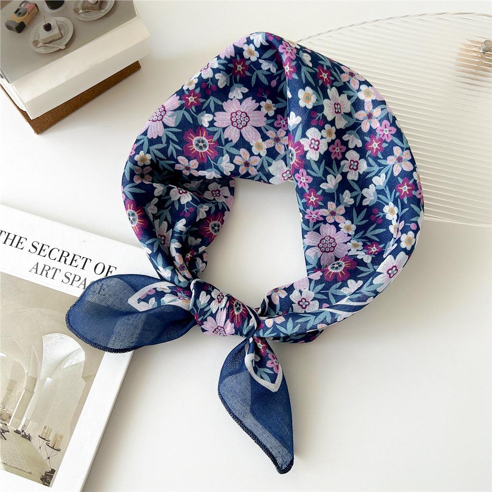 55cm Girls Cotton Linen Spring Square Scarf for Women Chic Headband Fashion Decorative Hairband Floral Neck Scarf