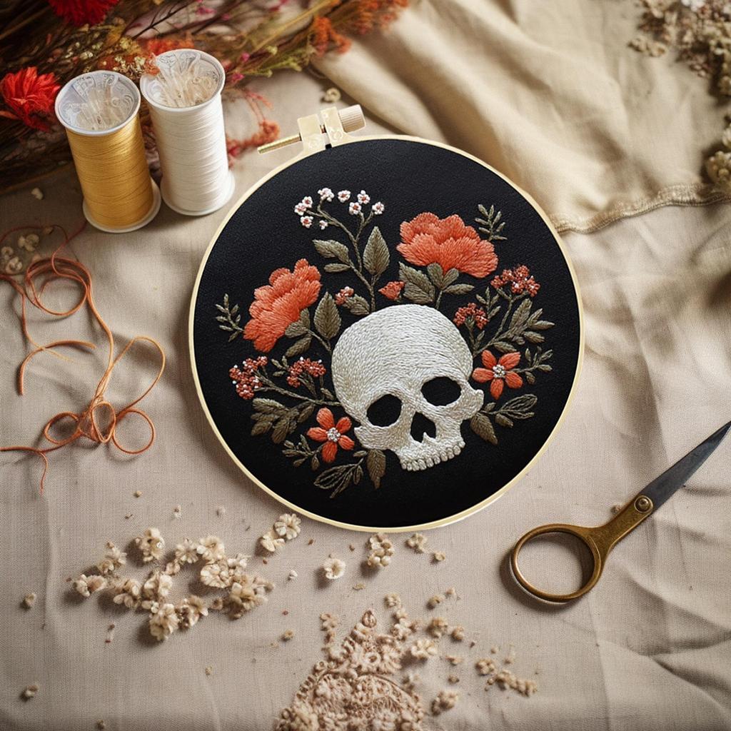 Gothic Embroidery Kit Halloween Skull Embroidery for Beginners Gothic Hoop Threads Scissors Set for Craft Enthusiasts Women