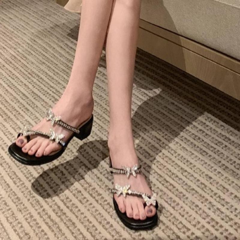 Fashion Women's Fashion Block Heel Slippers Summer New Round Toe Open Toe Sequin Bow Non-Slip Wear-Resistant Knit Shoes