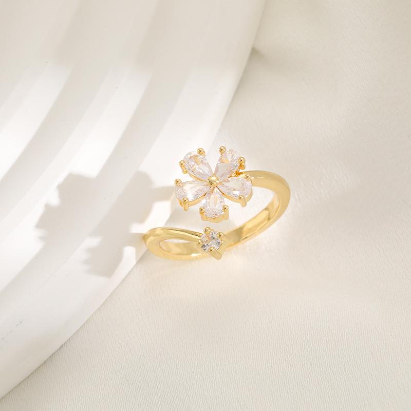 Japan and South Korea fresh and sweet flower ring fashion temperament zirconium inlaid small fragrant wind ring trend exquisite copper jewelry
