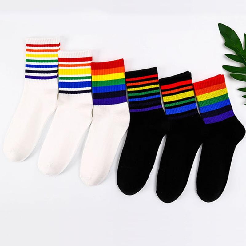 Ladies Spring Rainbow Thick Pinstripe Skateboard Mid Tube Socks