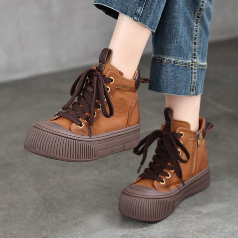 Johnature Versatile Plush Warm Short Boots Genuine Leather Round Toe Casual Women's Flat Platform Shoes