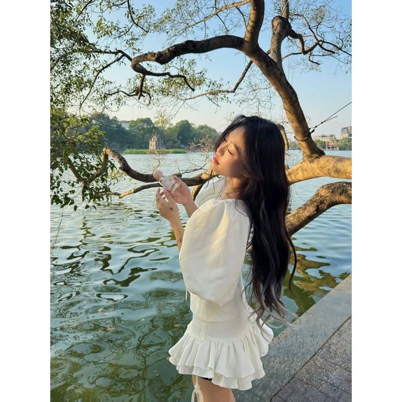 Lanyi Xinsheng French style Style Palace Extended Style Gentle Temperament Lace-up Puff sleeve Shirts Frill Skirt Set