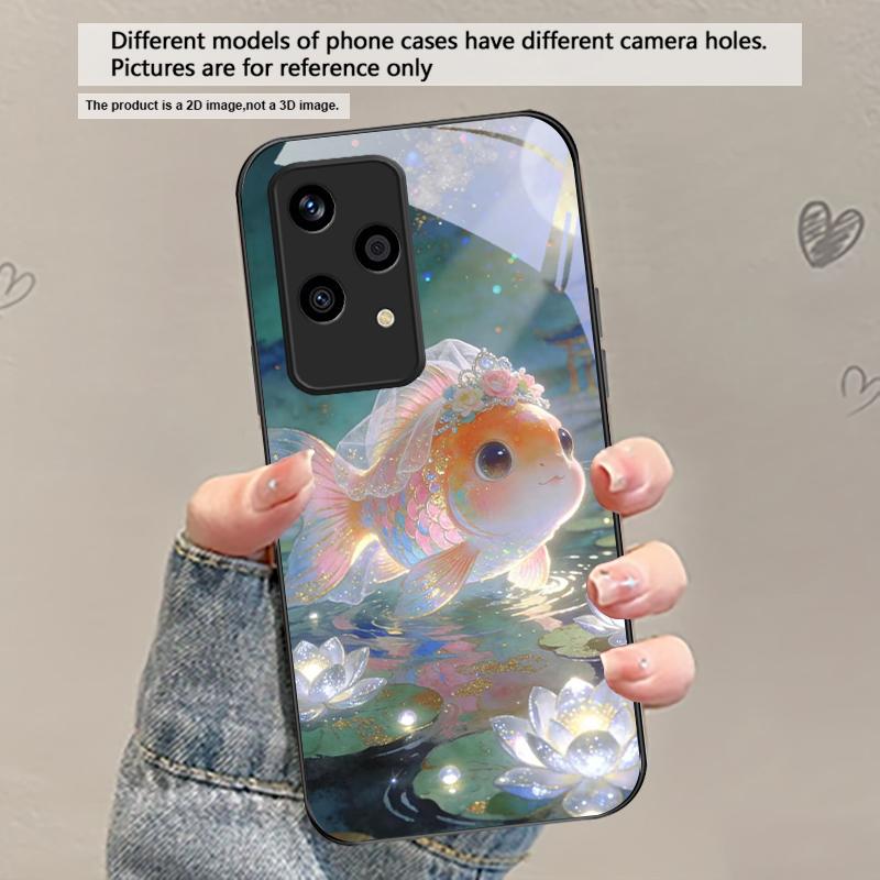 

Cute white veil goldfish For Honor X5 Plus X30 X9c Smart X5b X9a X30 Max X50i 30 Pro 50 Pro 70 90Smart 200 Lite Glass Phone Case Honor 50 Pro