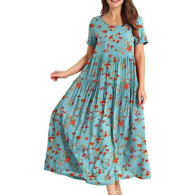 Women's Summer Beach MIDI Dress Comfortable Pleated Dress Casual Loose Floral Dress