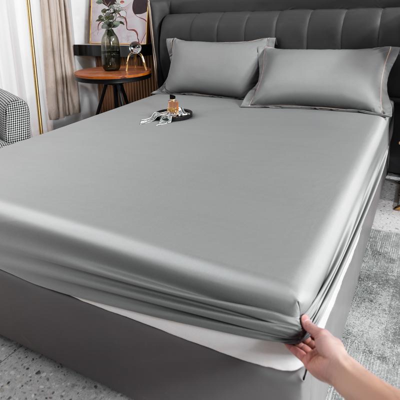 Simple Grey Fitted Sheet Set Solid Color Ice Silk Bedspread with Pillowcases Luxury Smooth Soft Fitted Sheet with Elastic Band