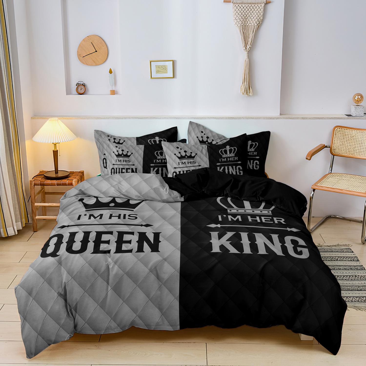 

Comforter 3Pcs Couple S King & Queen Printed Romantic Heart Crown Design Pink Black Contrast For Sweetness With Elegance Comforter (quilt)-EU Single(135*200cm)3pcs