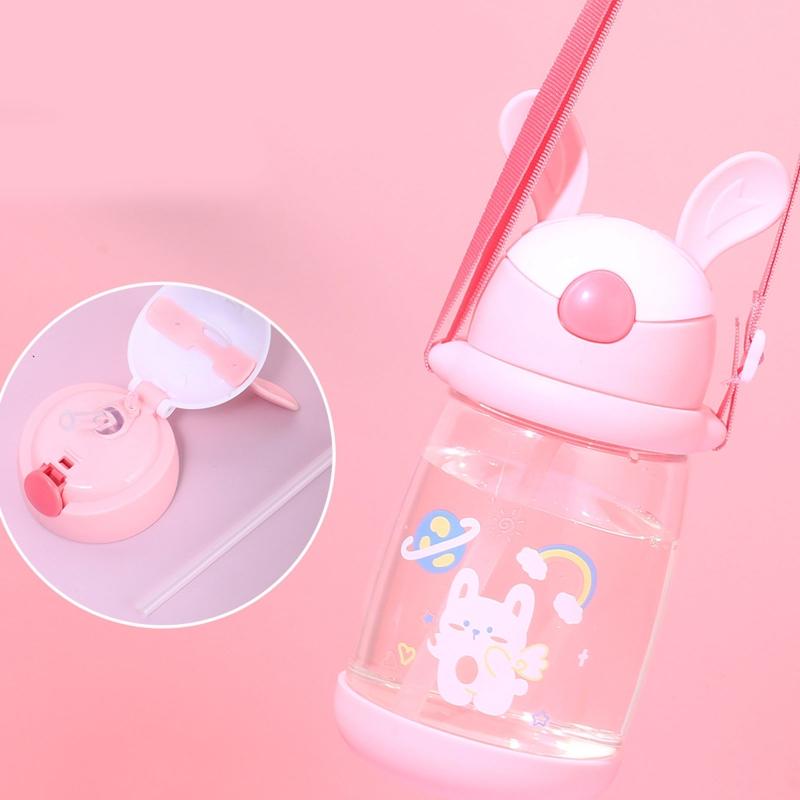 Children School Drinking Water Straw Bottle Cartoon Bunny Straw Baby Cup with Shoulder Strap Water Bottle Kitchen Accessories