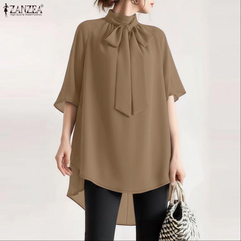 ZANZEA Women Stand Collar Loose Casual Half Sleeve Blouse