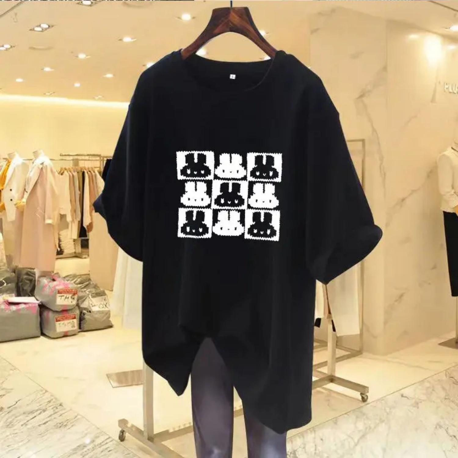 

Women s Fashion Cute Rabbit T-shirt New Loose Versatile Pure Cotton O-neck Short Sleeve Basics Top Tee Lady Pullover S чёрный