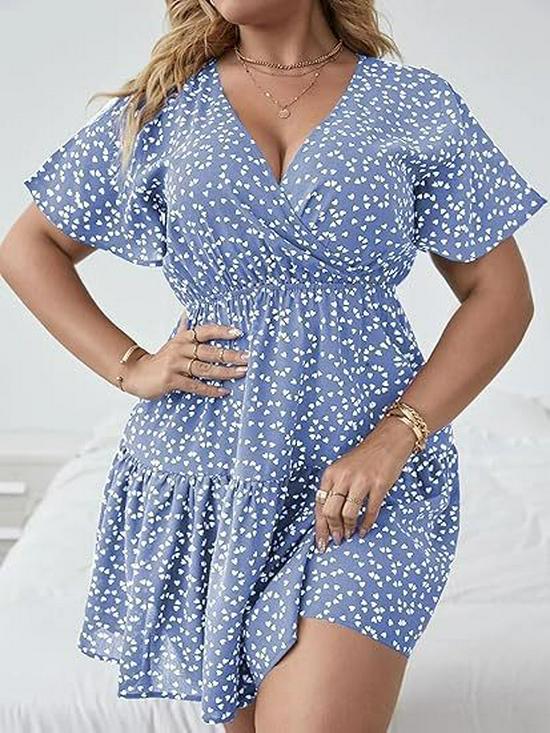 Europäisches & Amerikanisches Übergrößen Pünktchen V-Ausschnitt Rüschenkleid