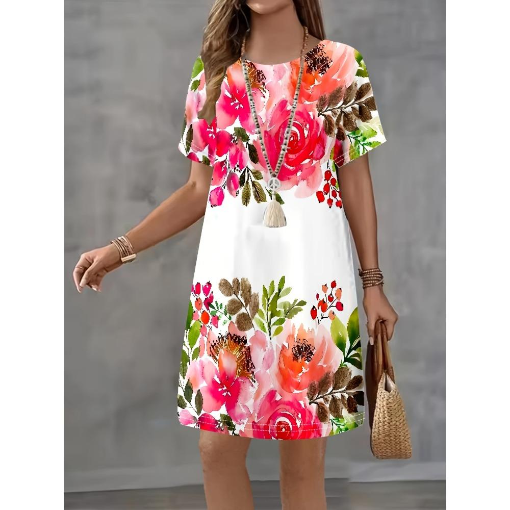 Summer Women's Bohemian Floral Print Dress Short Sleeves Multicolor Flower Pattern Female Clothing Casual Dress Homewear