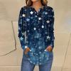 Women's Fashionable Loose-Fit Button-Down Collar Christmas Print Long-Sleeved Top