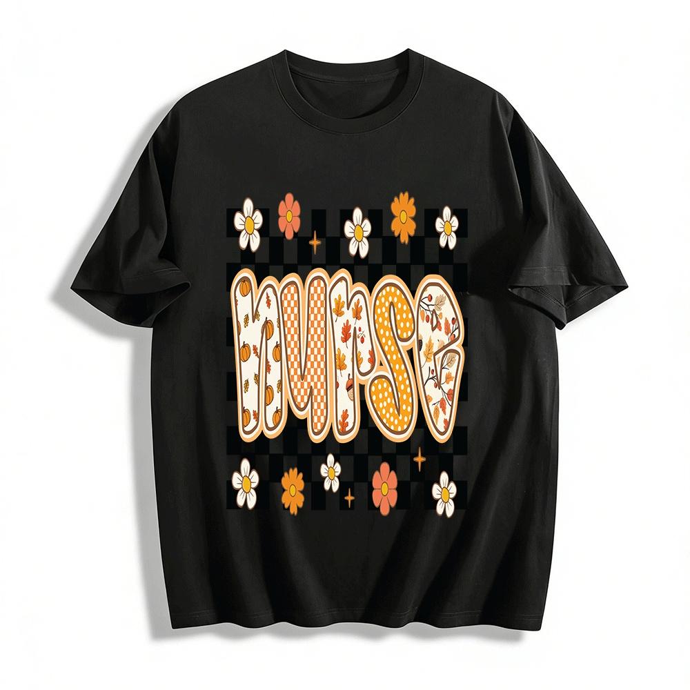 Fall Nurse Themed Print Top Vintage Checkerboard Flower Casual Tee Pure cotton T-shirt XXS