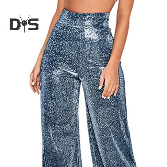 Spodnie damskie z szerokimi nogawkami i nadrukiem na gorąco, błyszczące, długie, klubowe, występy, zapięcie na suwak, spodnie z brokatem