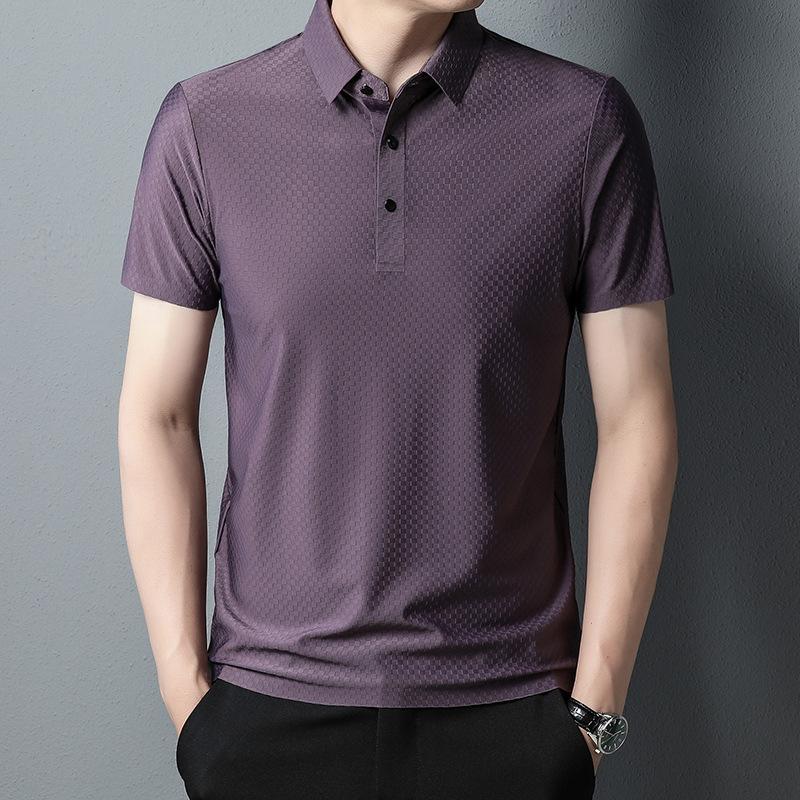 Summer New Seamless Short-sleeved Men's Solid Color Fashion Casual Lapel Middle-aged Men's T-shirt