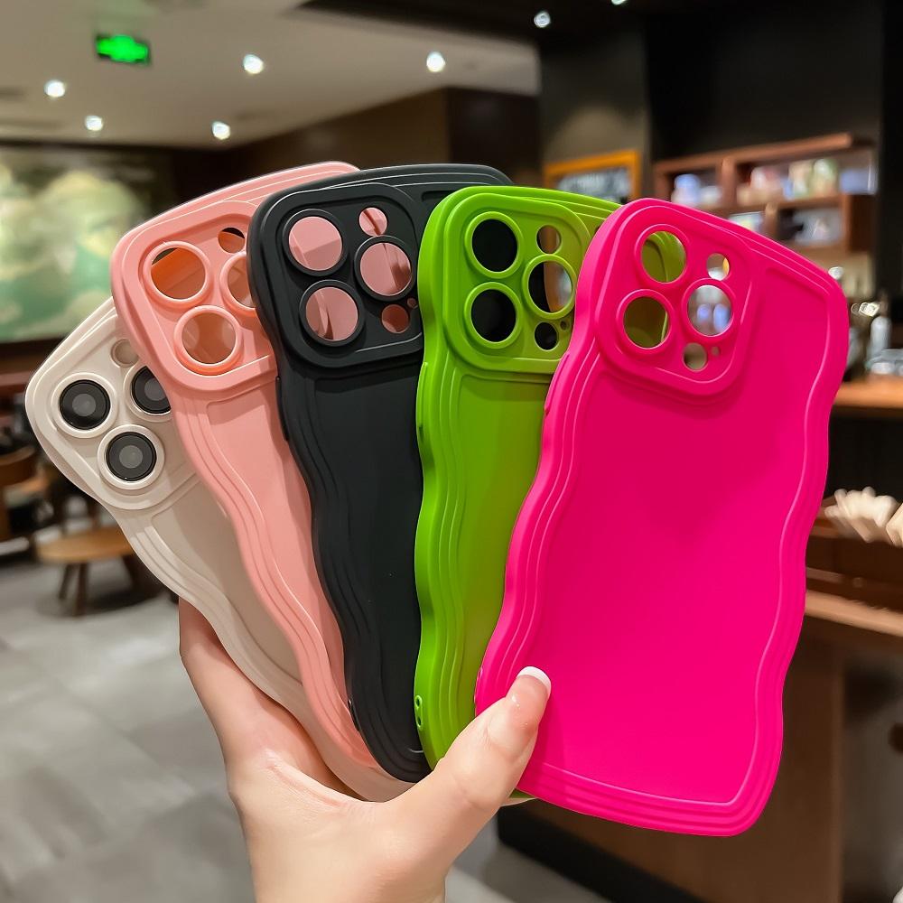 Fashion Cute Solid Curly Wave Phone Case For iPhone 16 15 14 13 12 11 Pro Max X XR XS 8 7 Plus SE 3 Soft Shockproof Bumper Cover