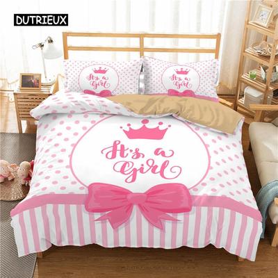 Juego de Funda Nórdica para Niña Patrón de Lazo Rosa Kawaii Juego de Cama Individual Colecciones de Cama de Poliéster Rosa para Niños Niñas Tamaño Queen King