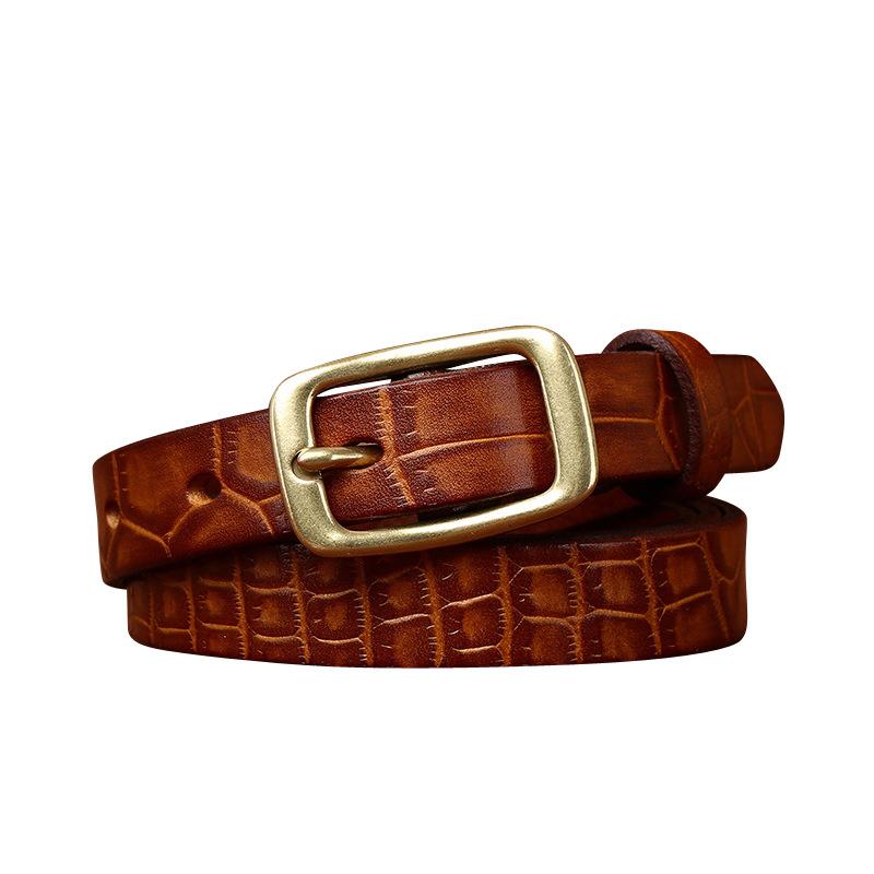 Fine Women's Belt Italian Retro Fashion All-Matching Decorative Genuine Cattlehide Leather Surface Pressure Crocodile Pattern Belt for Women