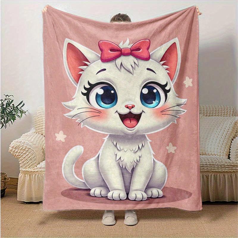 1pc Cute Cartoon Cat with Bowknot Blanket - Seasonal Home Decor, Throw Blanket for Room, for Decorating Your Own Sofa and Living Room, Super