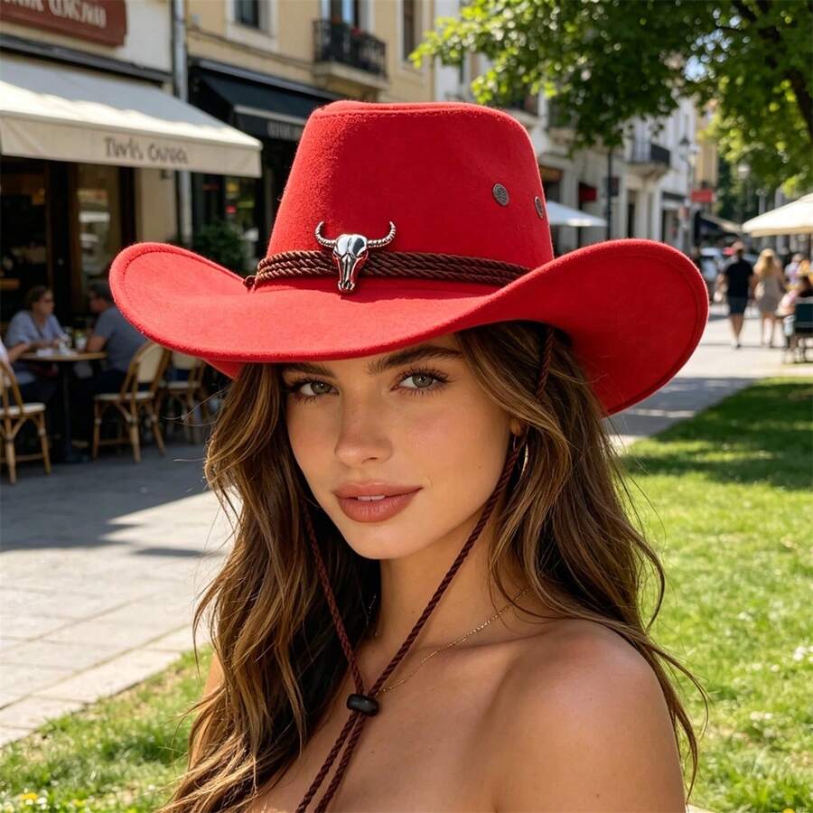 Western Hat With Cow Skull Decor Wide Brim Sun Hat For Outdoor Party