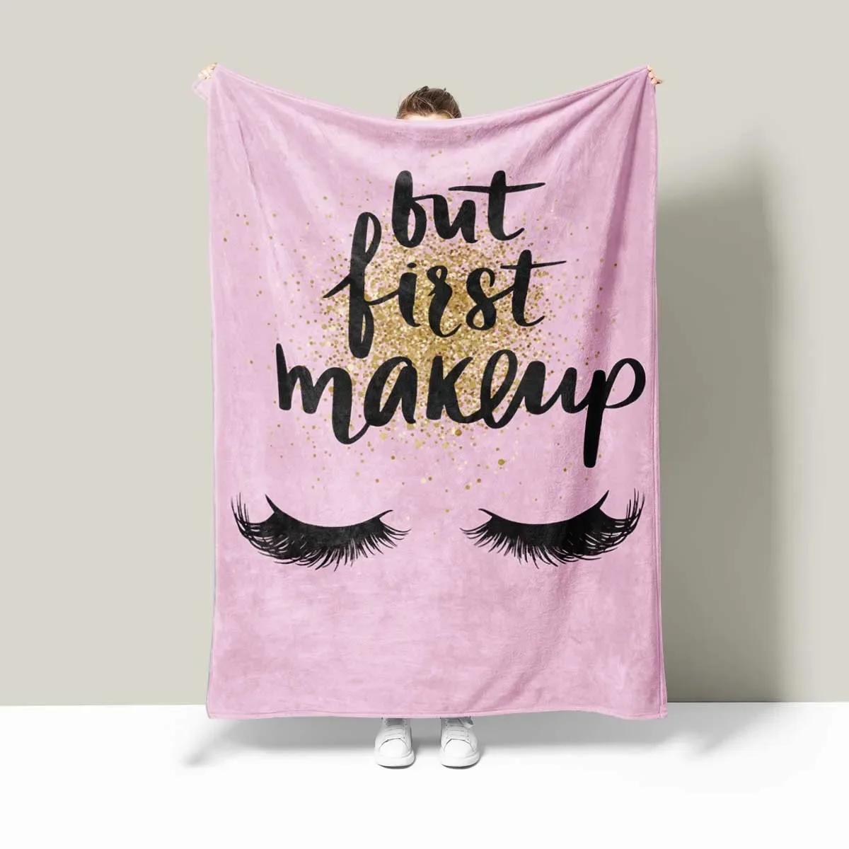 

260gsm flannel pink inspirational statement eyelash blanket, skin friendly, comfortable, warm, air-conditioned room sofa for use 75x90cm