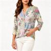 Women Vintage Floral Print Patchwork Henley Button Collar Three Quarter Sleeve Cotton Linen Shirt Casual Loose Fit Top