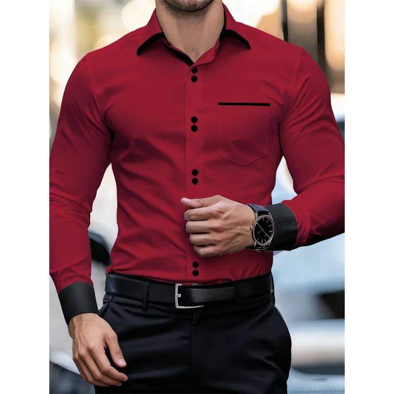 Men's Business Color Block Collar Long Sleeve Shirt, Slim Fit, Wrinkle-Free, Black and White Patchwork Shirt, Men's Fashion Top