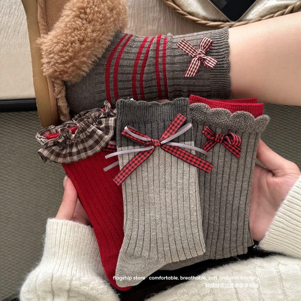 Bow Wool Socks Children Keep Warm In Autumn And Winter New Year'S Birth Year Red Boneless Stacking Socks Versatile Outer Cotton Socks