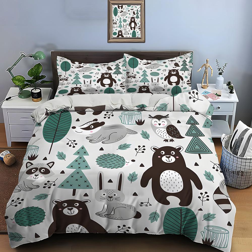 3Pcs Cartoon Animals With Forest Elements Pattern Duvet Cover Set Digital Print Colorful Polyester Bedding With Zipper Closur
