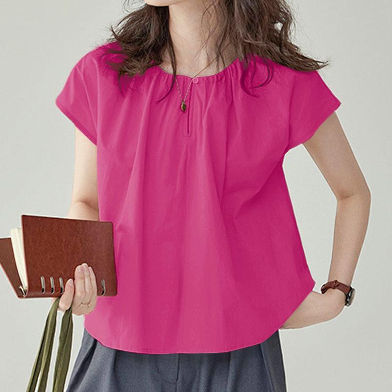 VONDA Dame Sommer Casual Rund Hals Kort Erm Knapp Plissert Ensfarget Løs Bluse