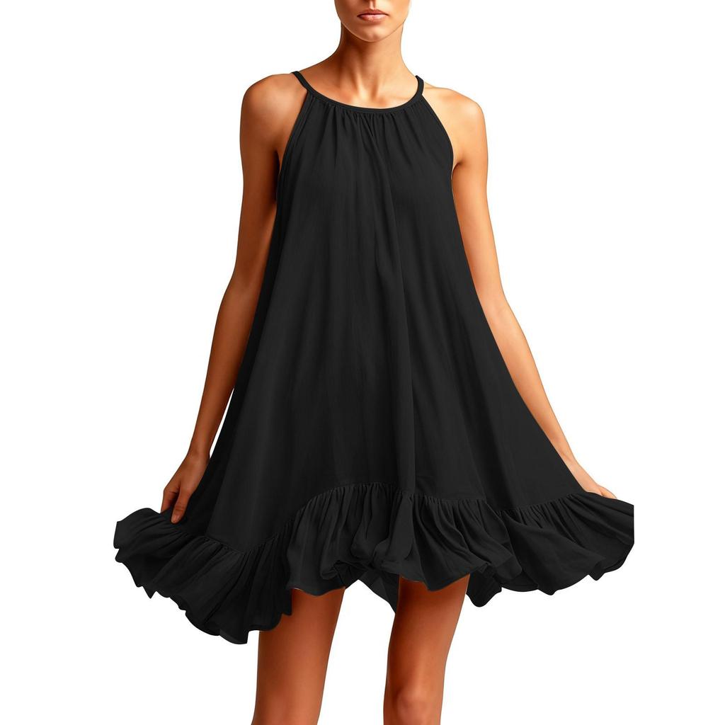 Spring Summer Sleeveless Pleated Halter Vacation Dress for Women